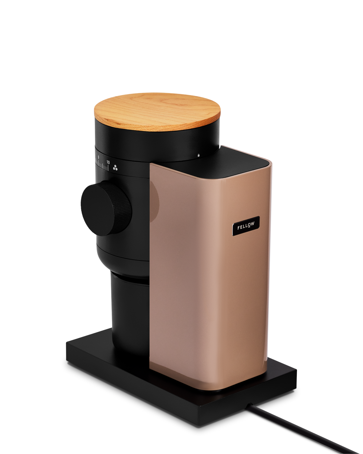 Fellow Opus 2 Conical Burr Grinder in malted chocolate with maple lid, side view