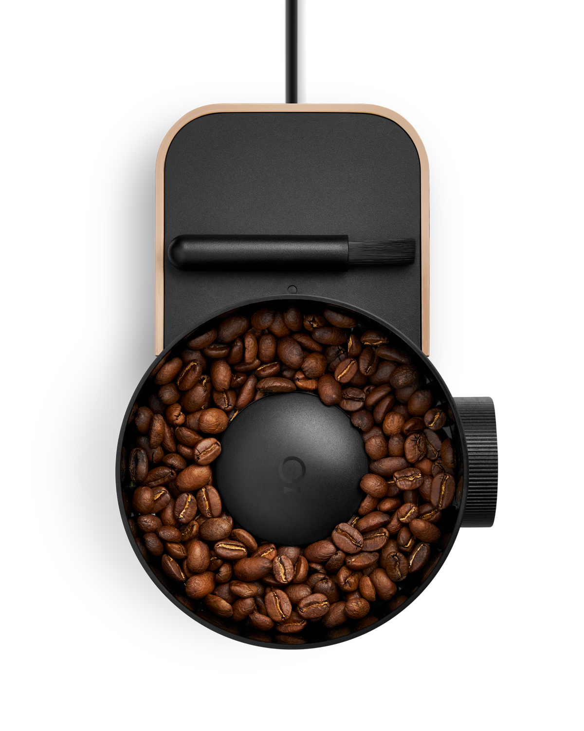 Fellow Opus 2 Conical Burr Grinder in malted chocolate with maple lid, rear view