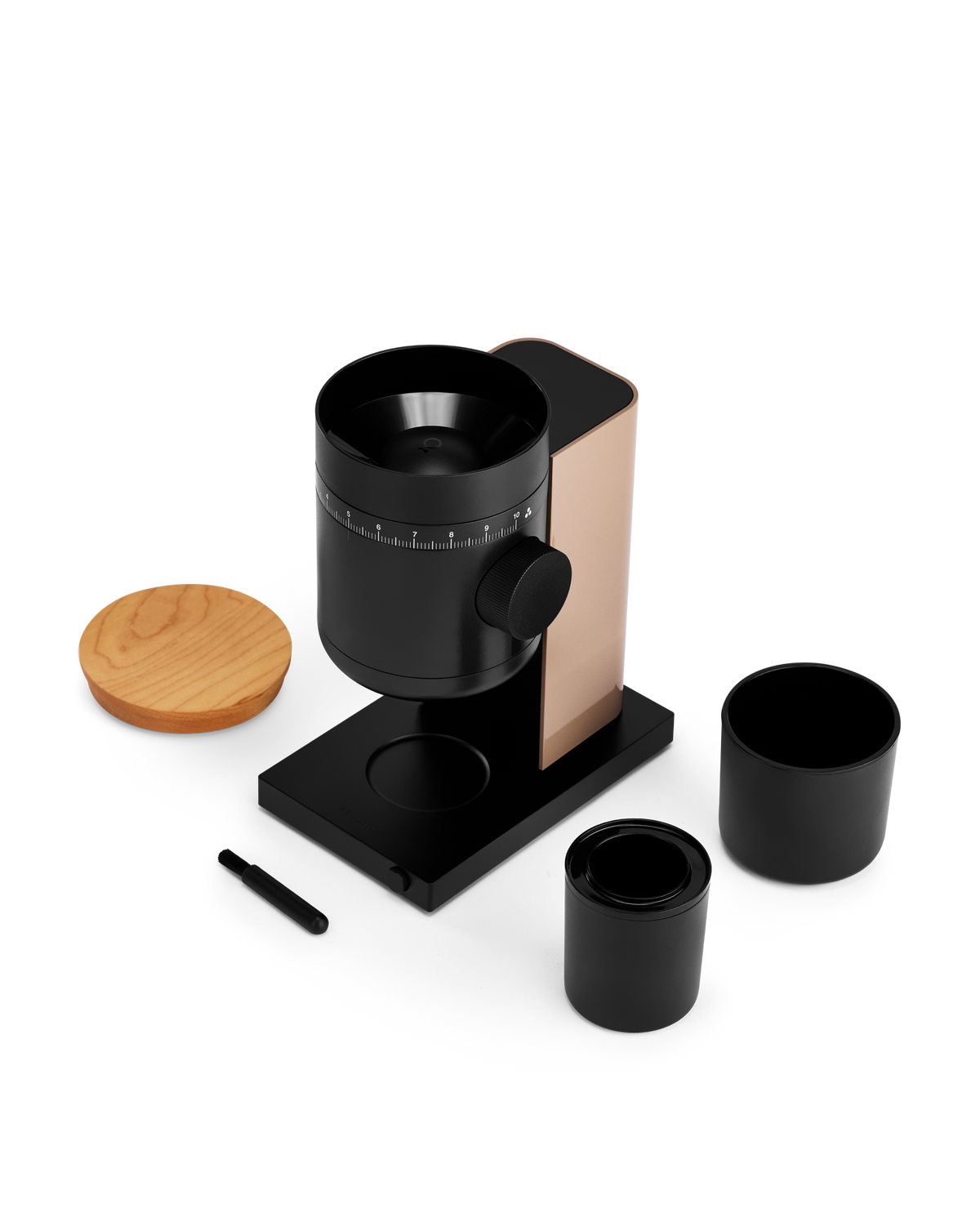 Fellow Opus 2 Conical Burr Grinder in malted chocolate with maple lid, detail