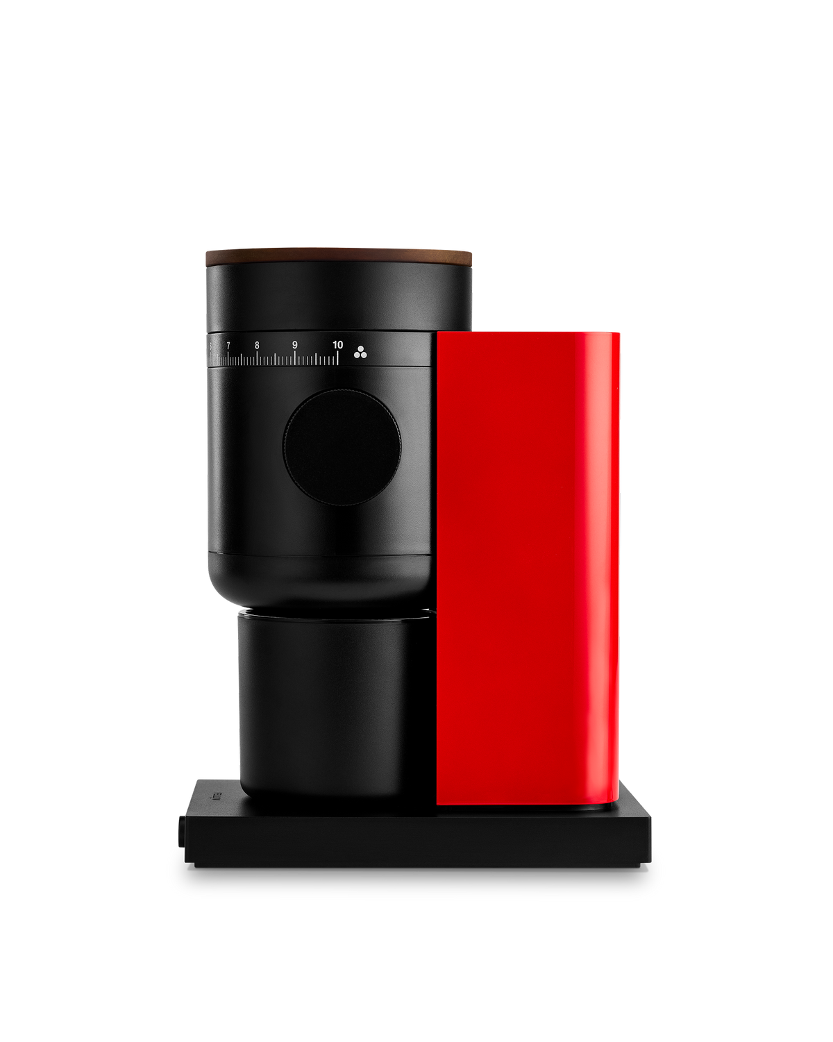 Fellow Opus 2 Conical Burr Grinder in cherry red with walnut lid, front view