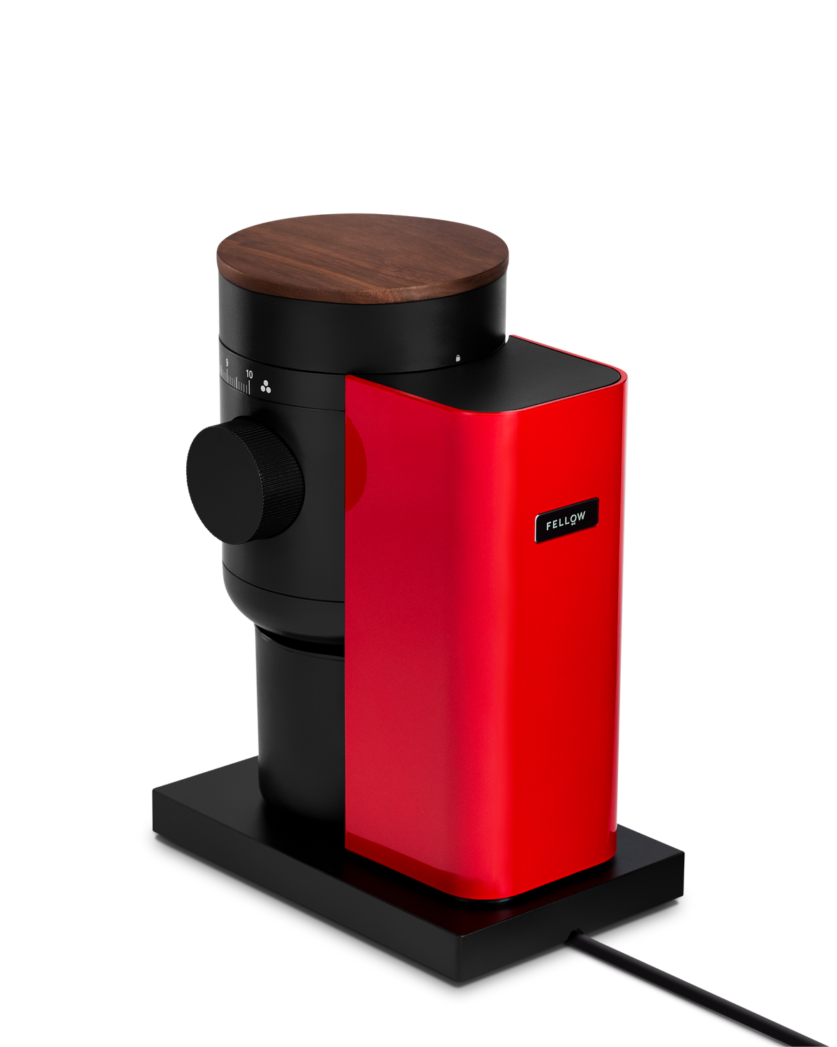 Fellow Opus 2 Conical Burr Grinder in cherry red with walnut lid, side view