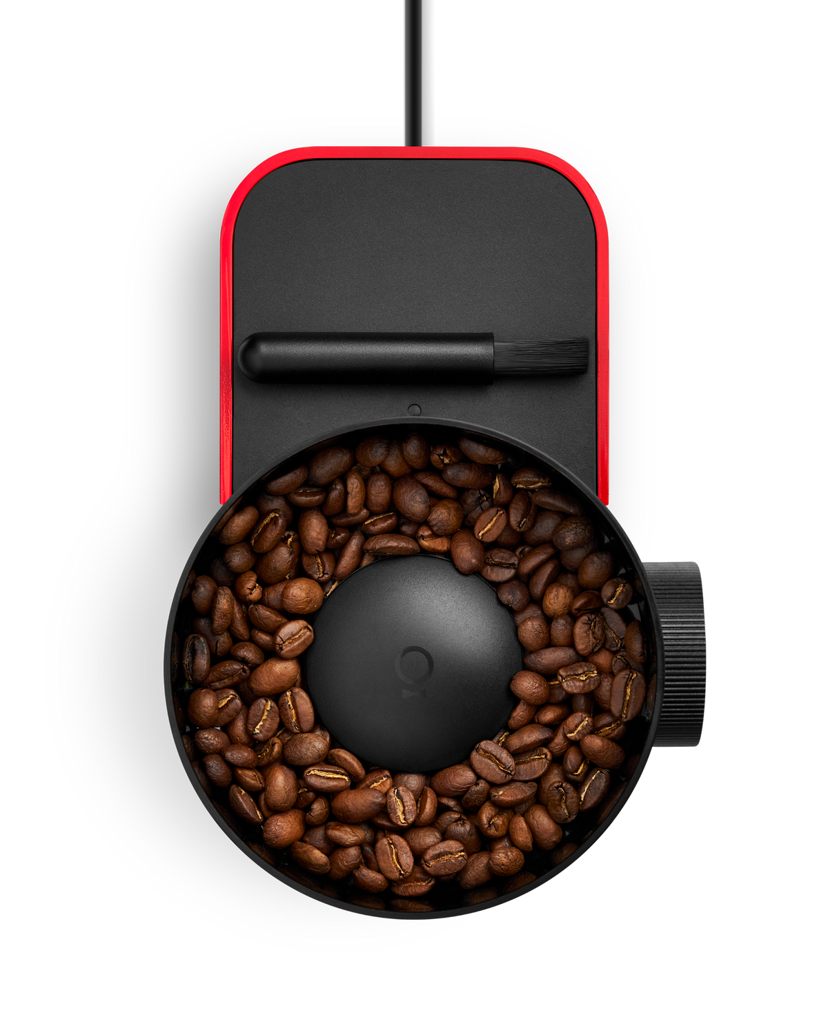 Fellow Opus 2 Conical Burr Grinder in cherry red with walnut lid, rear view