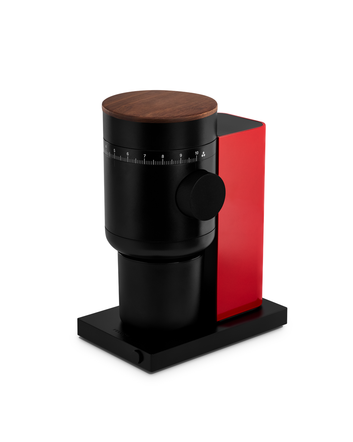 Fellow Opus 2 Conical Burr Grinder in cherry red with walnut lid, detail