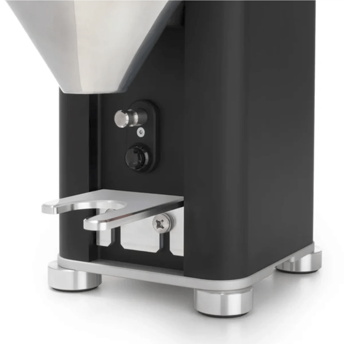 Close-up of the lower section of the Rocket Giannino Coffee Grinder R01RG099B3A12 by Rocket (Black-Stainless Steel), showcasing its flat metal base, control switches, sturdy metal feet, and precise micrometric grind adjustment.