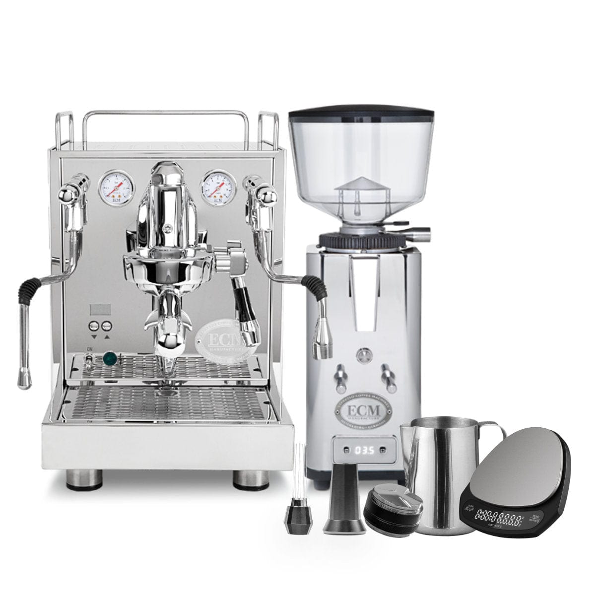 The setup includes the ECM Mechanika Max HX Espresso Machine with PID, paired with the ECM S-Automatik 64 Burr Grinder and barista tools bundle, featuring a silver milk frothing pitcher, cleaning brush, portafilter, and digital scale on a white background.