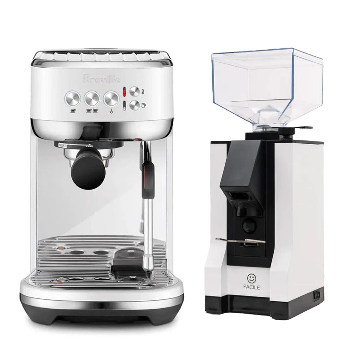 A sleek Breville The Bambino Plus Espresso Machine BES500SST in Sea Salt and a white Eureka Facile Grinder sit side by side, both set against a plain white background.
