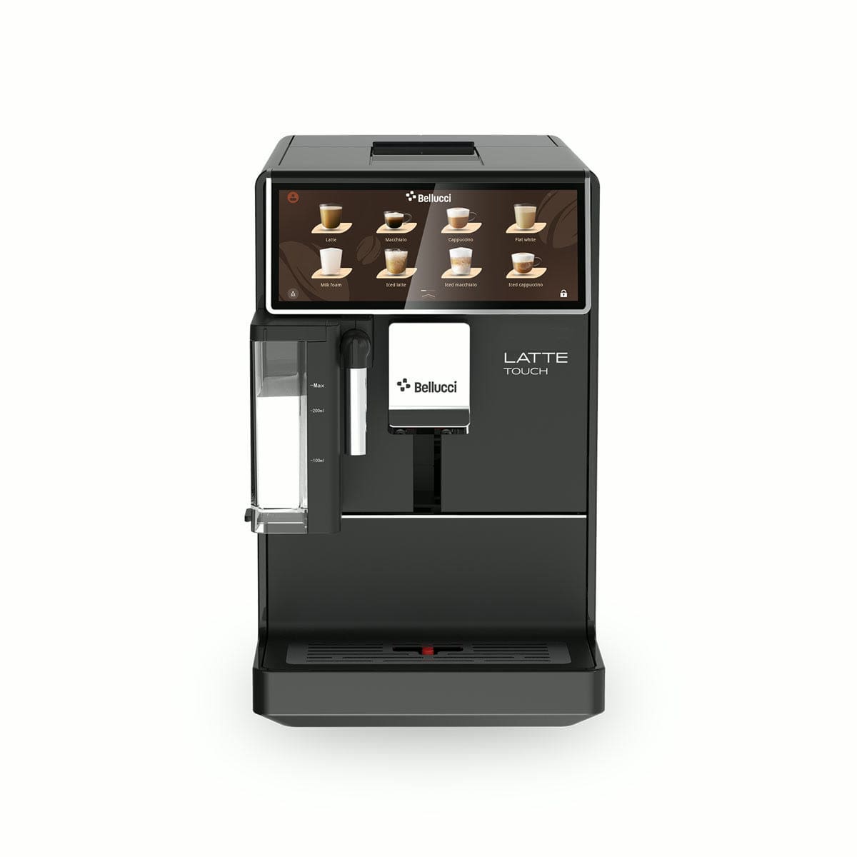 The Bellucci Latte Touch Super Automatic Espresso Machine by Bellucci features a black touchscreen display with various coffee options, a left-side milk reservoir, and a central coffee dispenser.
