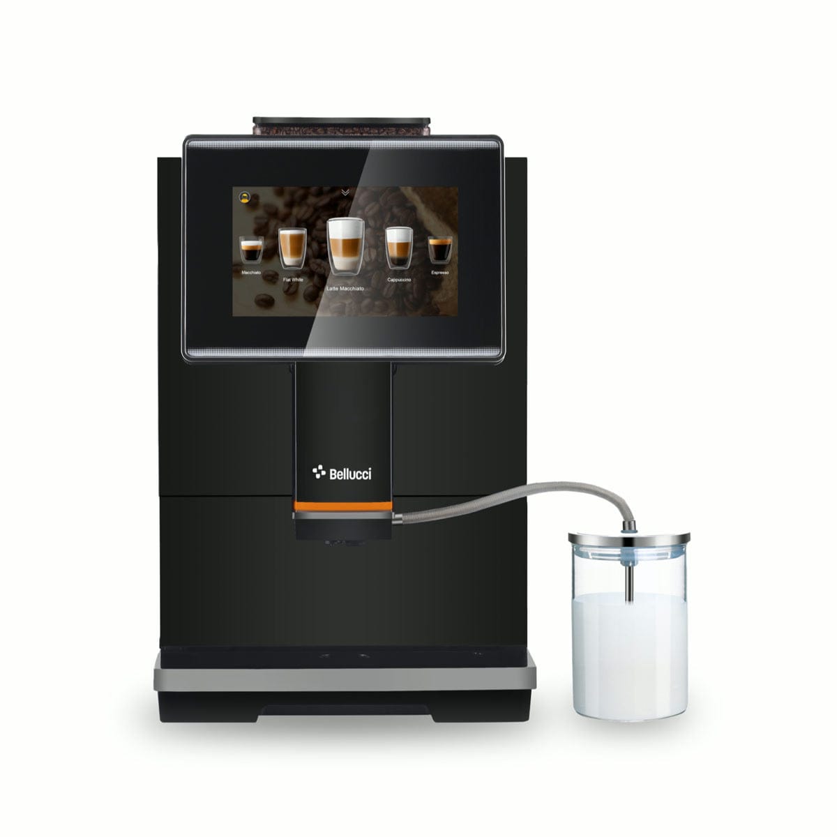 The Bellucci Bistro Super Automatic Espresso Machine by Bellucci is a black touchscreen model with a display showing four drink options, connected to a glass milk container, and features a built-in ceramic burr grinder for fresh coffee.
