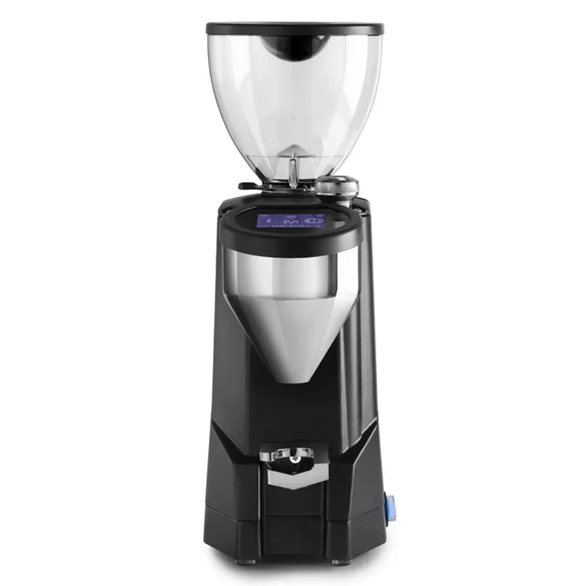 The Rocket Fausto 2.1 Espresso Macinatore Coffee Grinder RG821A3A12 (Black) is a sleek grinder that boasts a transparent bean hopper on top. It features a digital touch display panel complemented by buttons below it and a metallic dispensing chute at the front. The modern, compact design of this Rocket coffee grinder makes it perfect for both home and professional use, embodying the excellence associated with Rocket Espresso Machines.