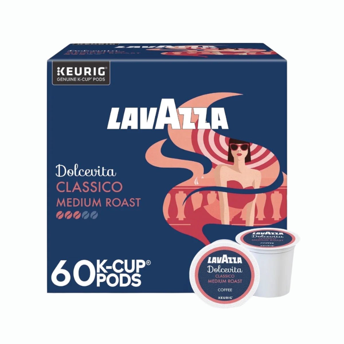 Lavazza Dolcevita Classico Medium Roast K-Cup® Pods (Case of 60) features stylish red, blue, and cream packaging with a chic woman in sunglasses by a pool. Enjoy quality coffee from Lavazza in every cup.