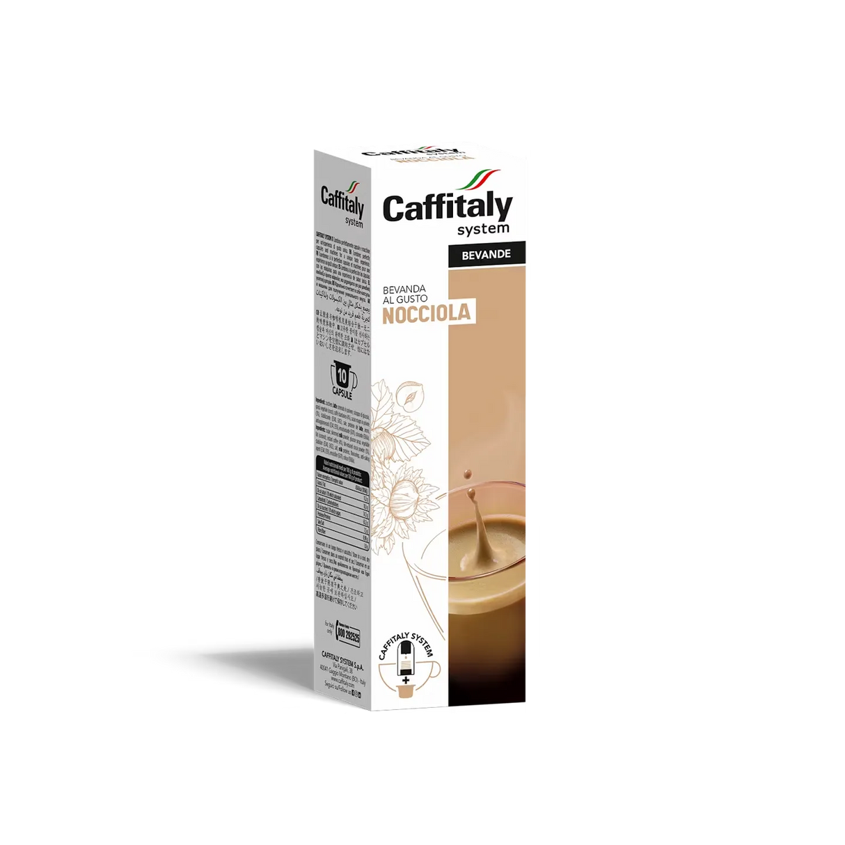 A box of Caffitaly Nocciola Hazelnut Coffee Capsules from Caffitaly offers a delicious hazelnut flavoured beverage. Decorated with hazelnut illustrations and a steaming cup of coffee on the packaging, these capsules are compatible with Caffitaly brewers, ensuring a rich and aromatic experience every time.