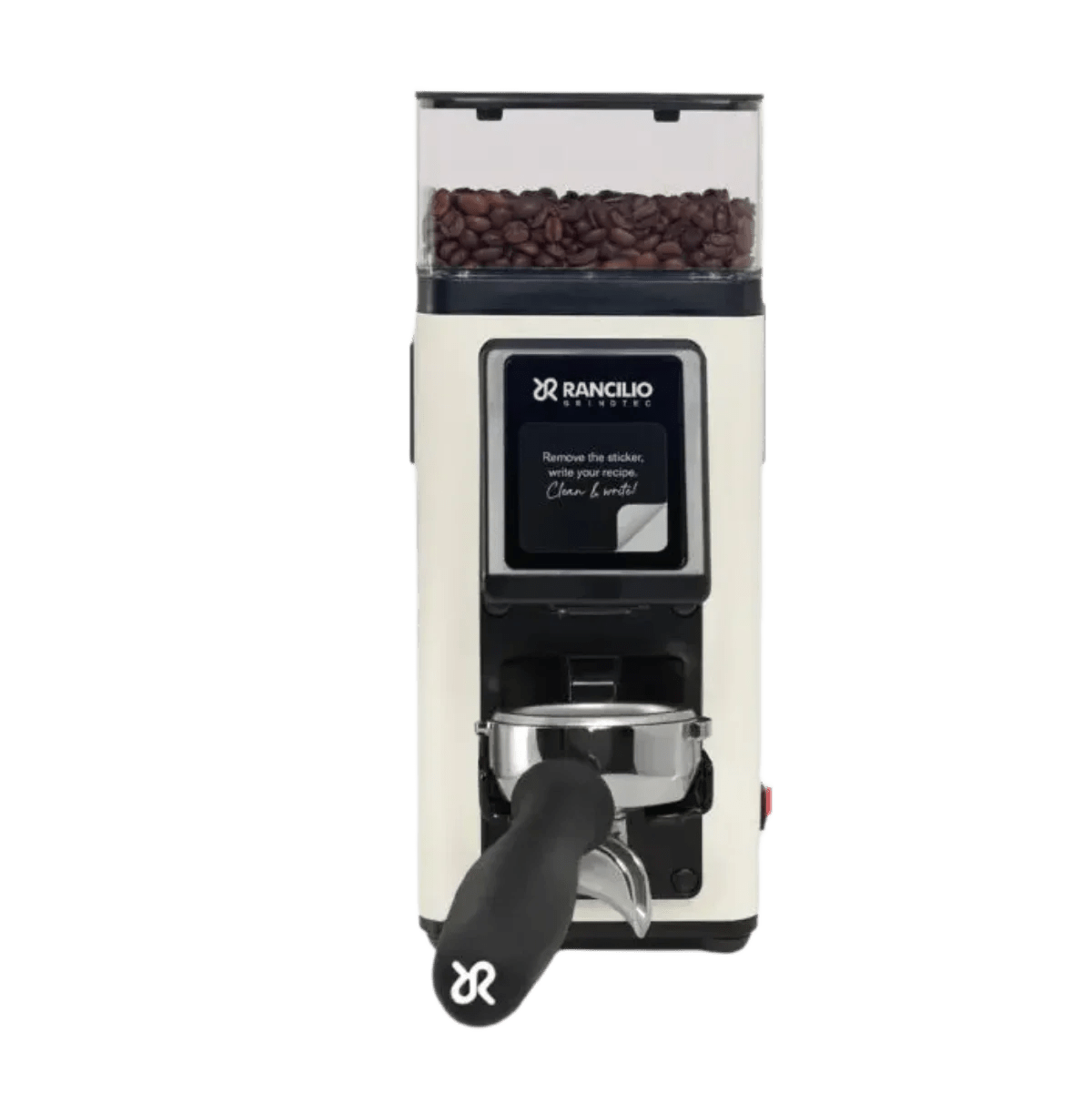 The Rancilio Stile SD Espresso Coffee Grinder (White) by Rancilio features a digital display, filled bean hopper, and attached portafilter, delivering precise grinding against a plain background.
