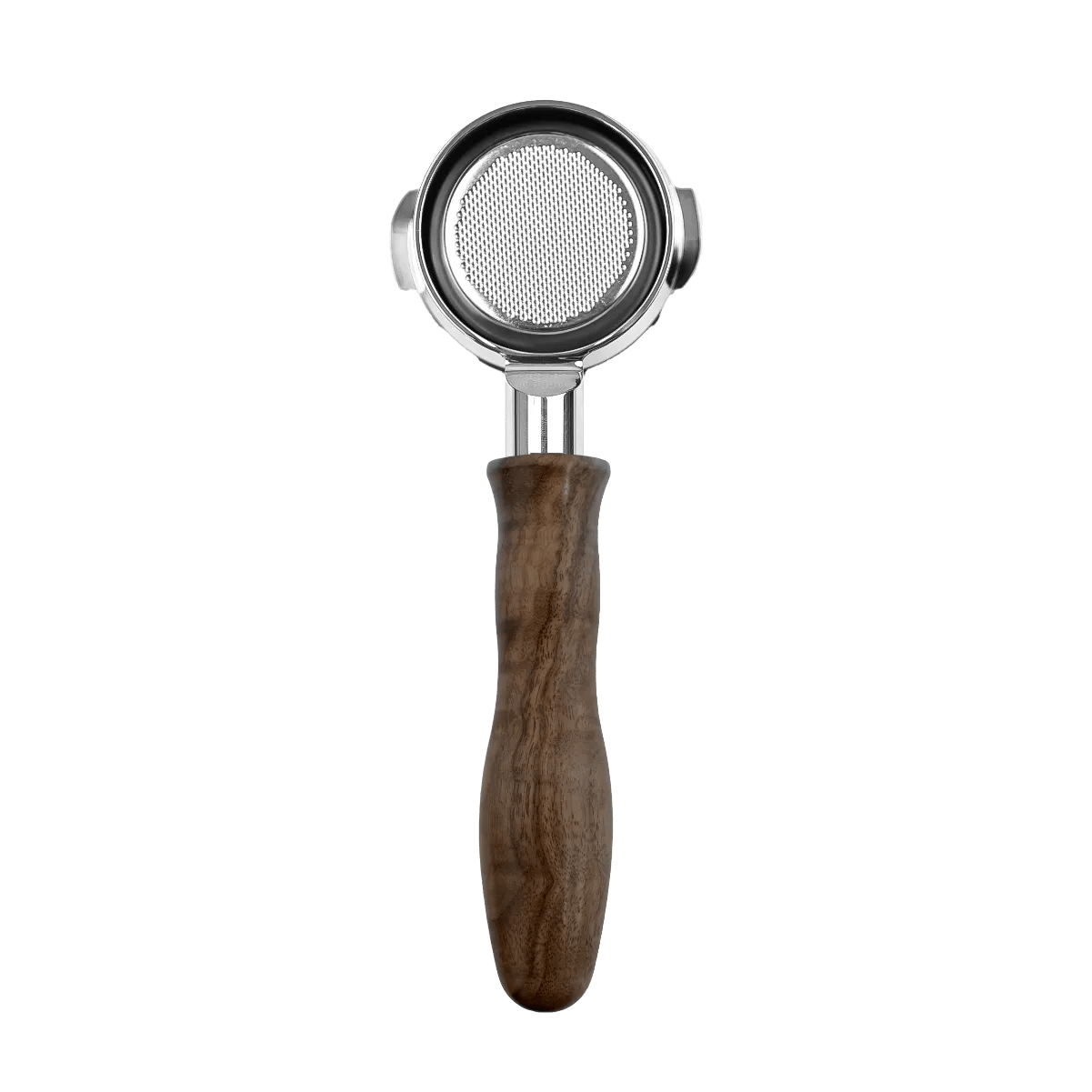 The HCS Bottomless Portafilter (Brown Wood) by HCS features a round mesh filter and a wooden handle, displayed against a black background.