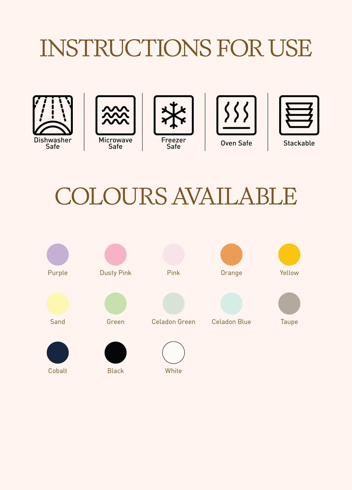An instruction chart featuring icons indicating that the Loveramics 250ml Embossed Tasting Cup (Pink) by Loveramics is dishwasher, microwave, freezer, oven safe, and stackable. Includes a selection of color swatches labeled: Purple, Dusty Pink, Pink, Orange, Yellow, Sand, Green, Celadon Green, Celadon Blue, Taupe, Cobalt, Black, and White. Perfect for displaying your latte art or creating an impressive Loveramics embossed coffee cup collection—ideal for coffee enthusiasts.