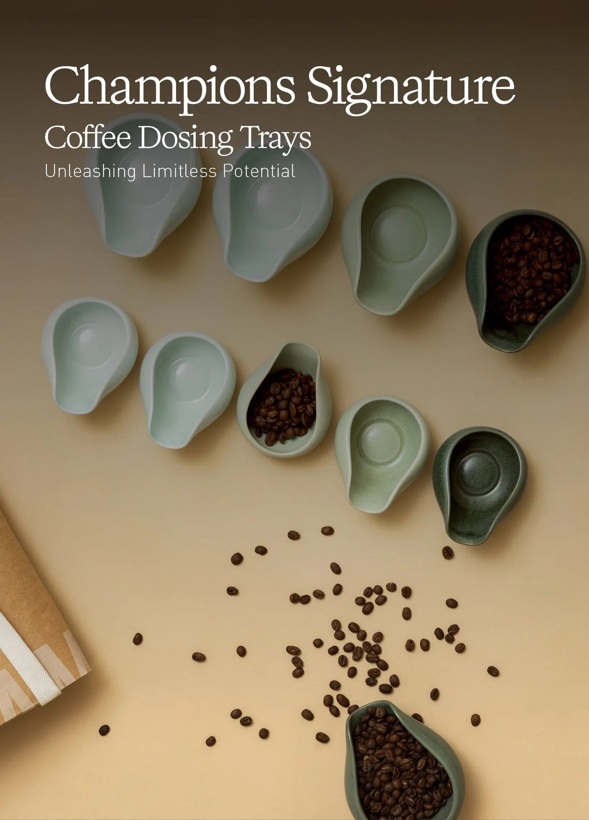 Loveramics Coffee Dosing Tray Set of 2 (Celadon Blue) by Loveramics displayed with coffee beans scattered on a beige surface, beneath the text “Champions Signature Coffee Dosing Trays. Unleashing Limitless Potential.”.