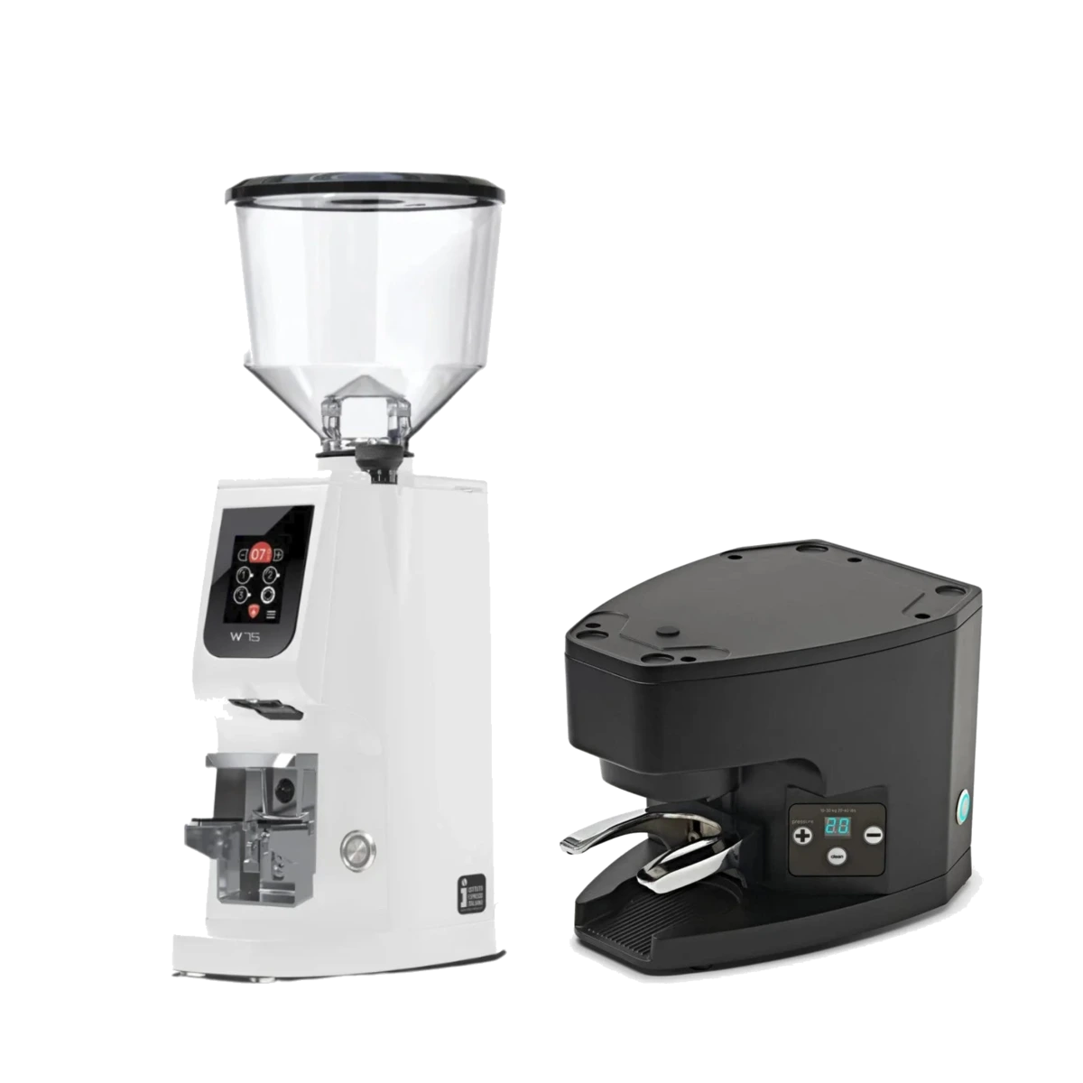 Eureka Atom W 75 Coffee Grinder (White) & Eureka Under-the-Grinder Automatic Tamper for Atom (Black) Bundle Coffee Grinder Eureka
