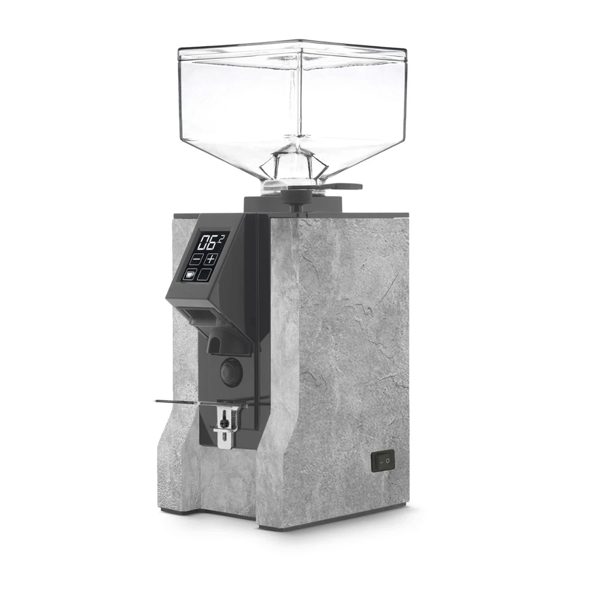 The Eureka Mignon Design Coffee Grinder (Stone) by Eureka features a gray, stone-textured body, transparent square hopper, digital display, and portafilter holder. This Italian grinder stands out against a white background.