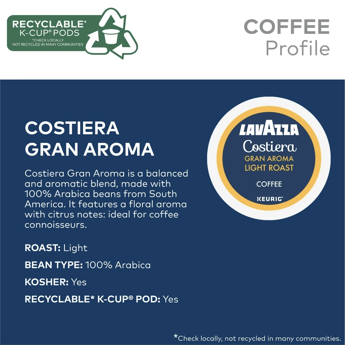A coffee profile for Lavazza Costiera Gran Aroma Light Roast K-Cup® Pods (Case of 60) features a description, light roast, bean type, and icons for recyclable K-Cup Pods and kosher status on a blue and gray background.
