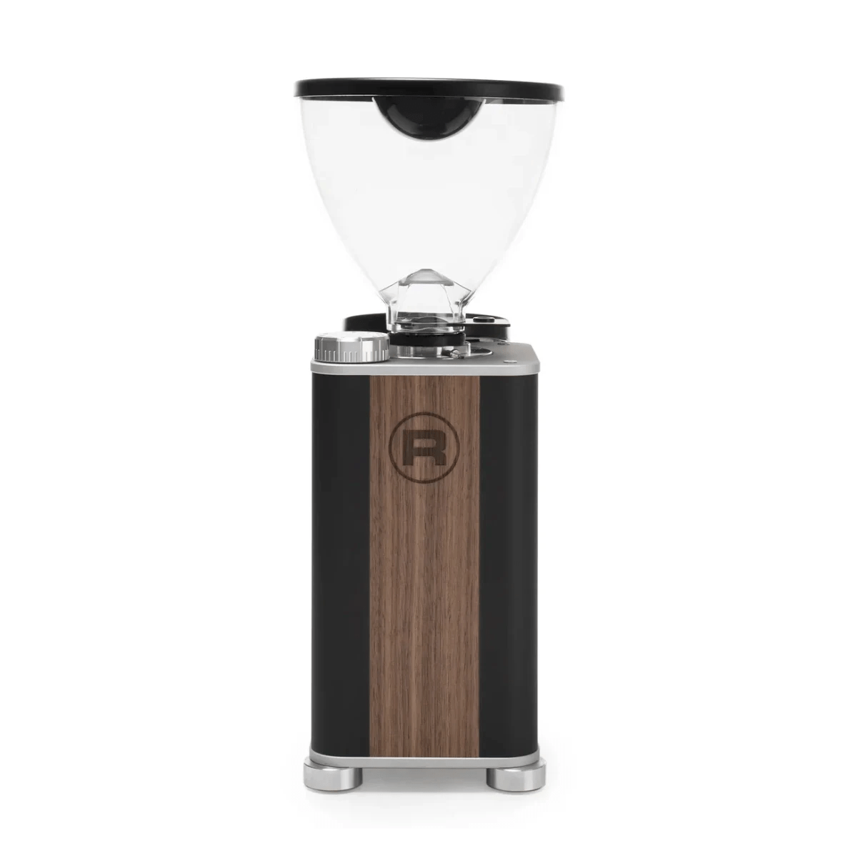 The Rocket Giannino Coffee Grinder R01RG099B3L12 (Black-Wood) by Rocket features a clear bean hopper, black and wood-paneled body, silver accents, micrometric grind adjustment, and a circular front logo, shown on a white background with black border.