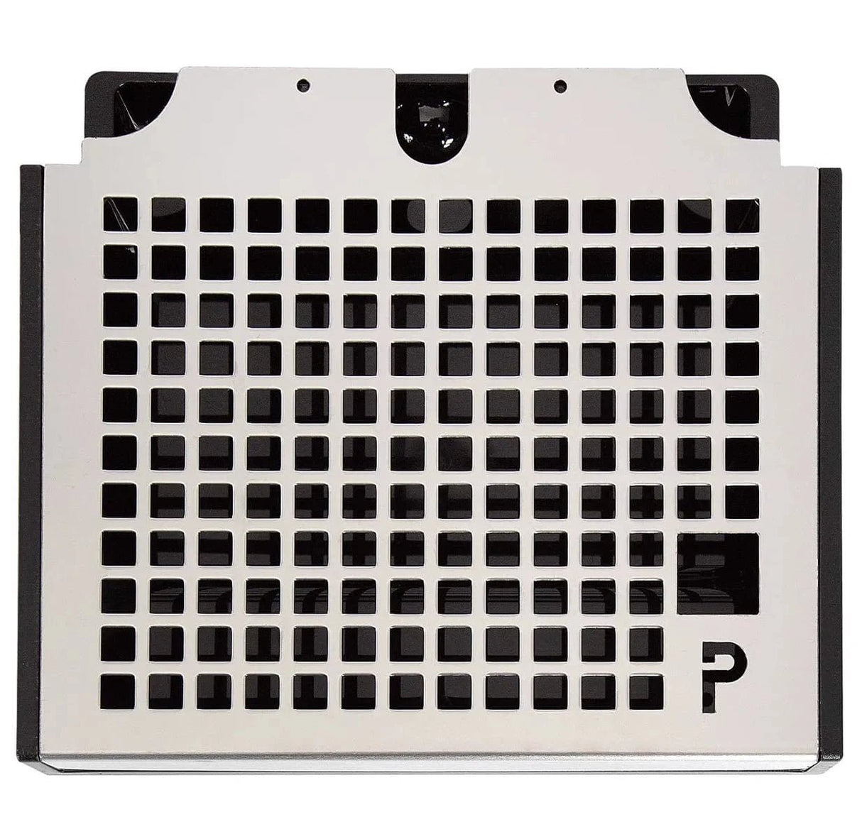 A square metal grid with a black border and a "P" in the corner, resembling the drip tray cover of the Profitec Go (Yellow) Espresso Machine & Eureka Mignon Silenzio 55 Grinder (Yellow) Bundle by Profitec. The top has two notches and a center semicircle cutout.