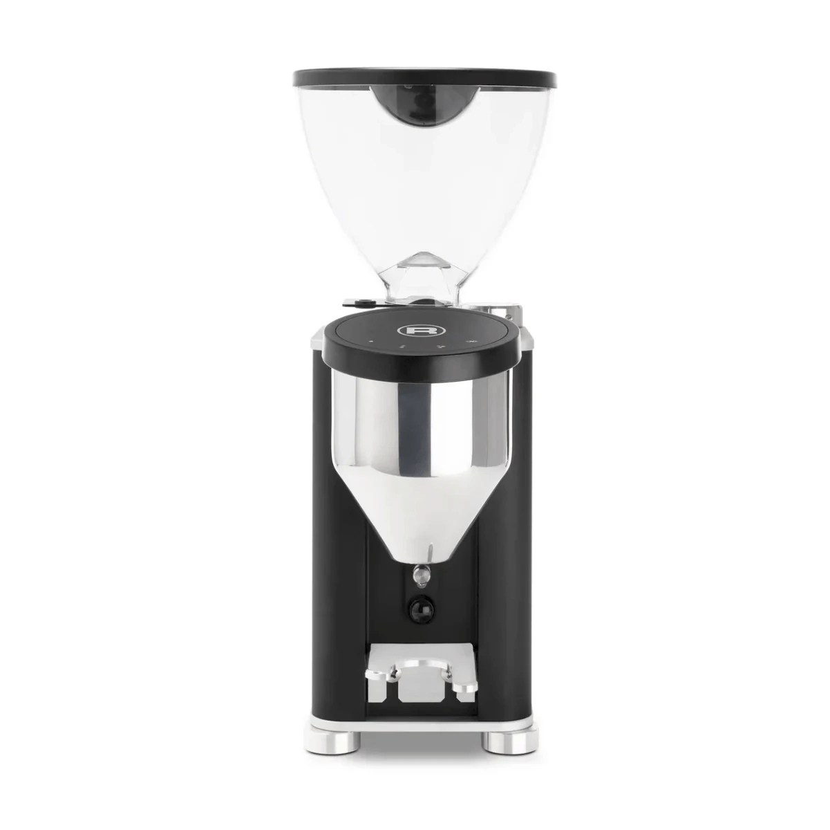 The Rocket Giannino Coffee Grinder R01RG099B3A12 by Rocket features a clear top hopper, black and stainless steel body, metallic ground coffee chute, and micrometric grind adjustment, shown on a plain white background.