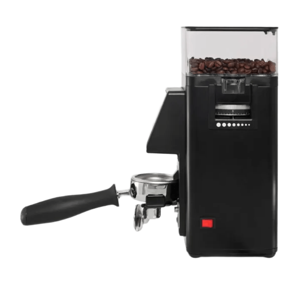 Side view of the Rancilio Stile SD Espresso Coffee Grinder (Black) by Rancilio, featuring flat burrs, a clear hopper filled with coffee beans, and a portafilter attached to collect ground coffee.