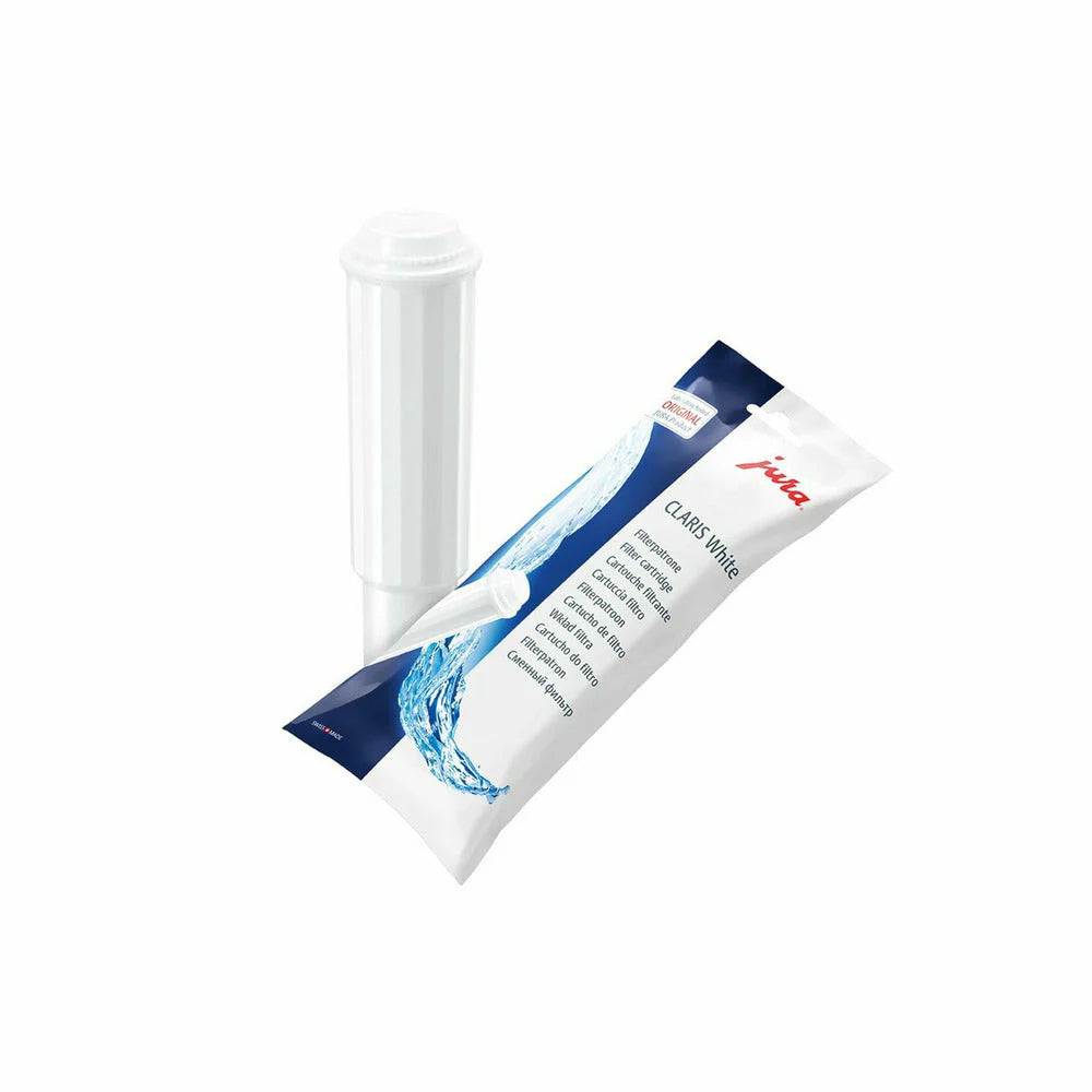 A Jura Claris Filter White J0160209 water filter cartridge by Jura is displayed next to its white and blue packaging, which features text and a water splash graphic on the front, and is designed specifically for use with Impressa machines.