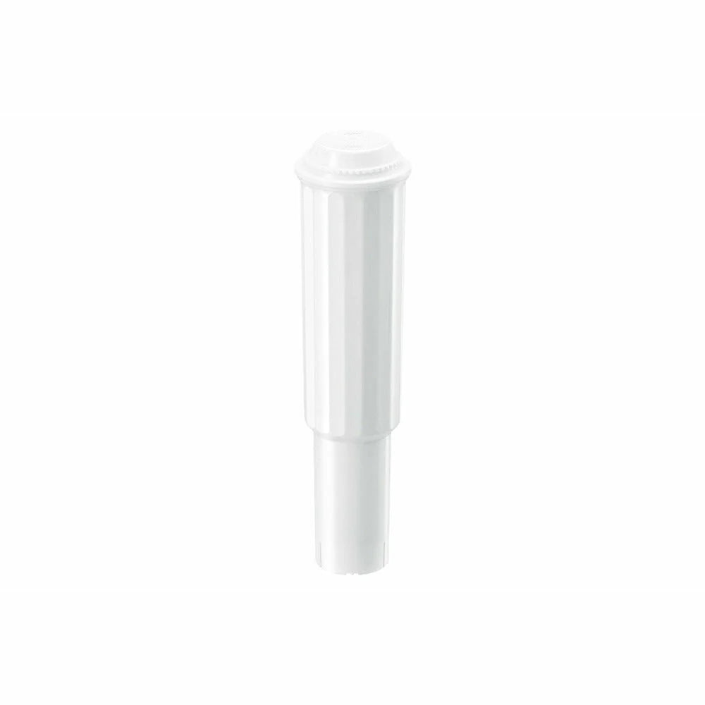 The Jura Claris Filter White J0160209 by Jura is a white cylindrical water filter cartridge, designed for Impressa machines, featuring a slightly wider top and a narrow base. The filter stands upright against a plain white background.
