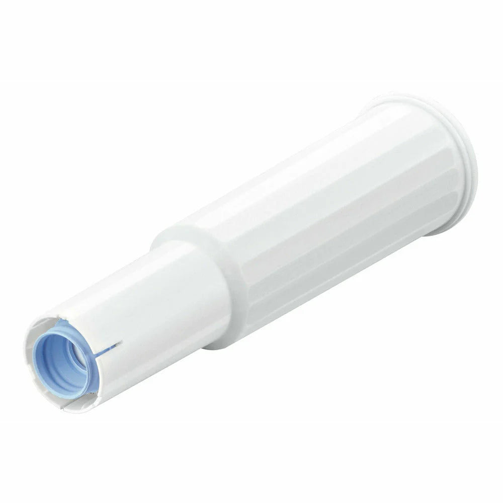 A white, cylindrical plastic adapter with a ribbed texture and a blue inner ring, photographed on a plain white background. This component is the Jura Claris Filter White J0160209 by Jura, designed for use with Claris water filter cartridges in Impressa machines.