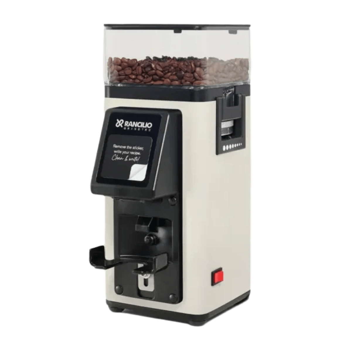 The Rancilio Stile SD Espresso Coffee Grinder in white is displayed with coffee beans inside. It features a digital display, black spout, and a red power switch at the base for precise grinding every time.