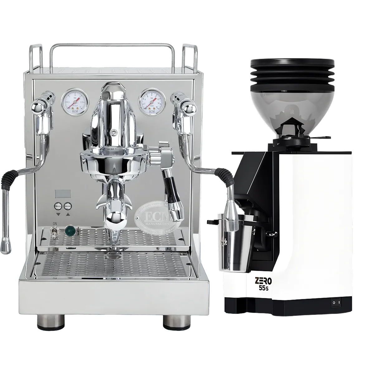 The ECM Mechanika Max Espresso Machine with its dual pressure gauges stands next to the Eureka Mignon Zero 55s Single Dose Coffee Grinder in white, both from ECM, against a plain white background.