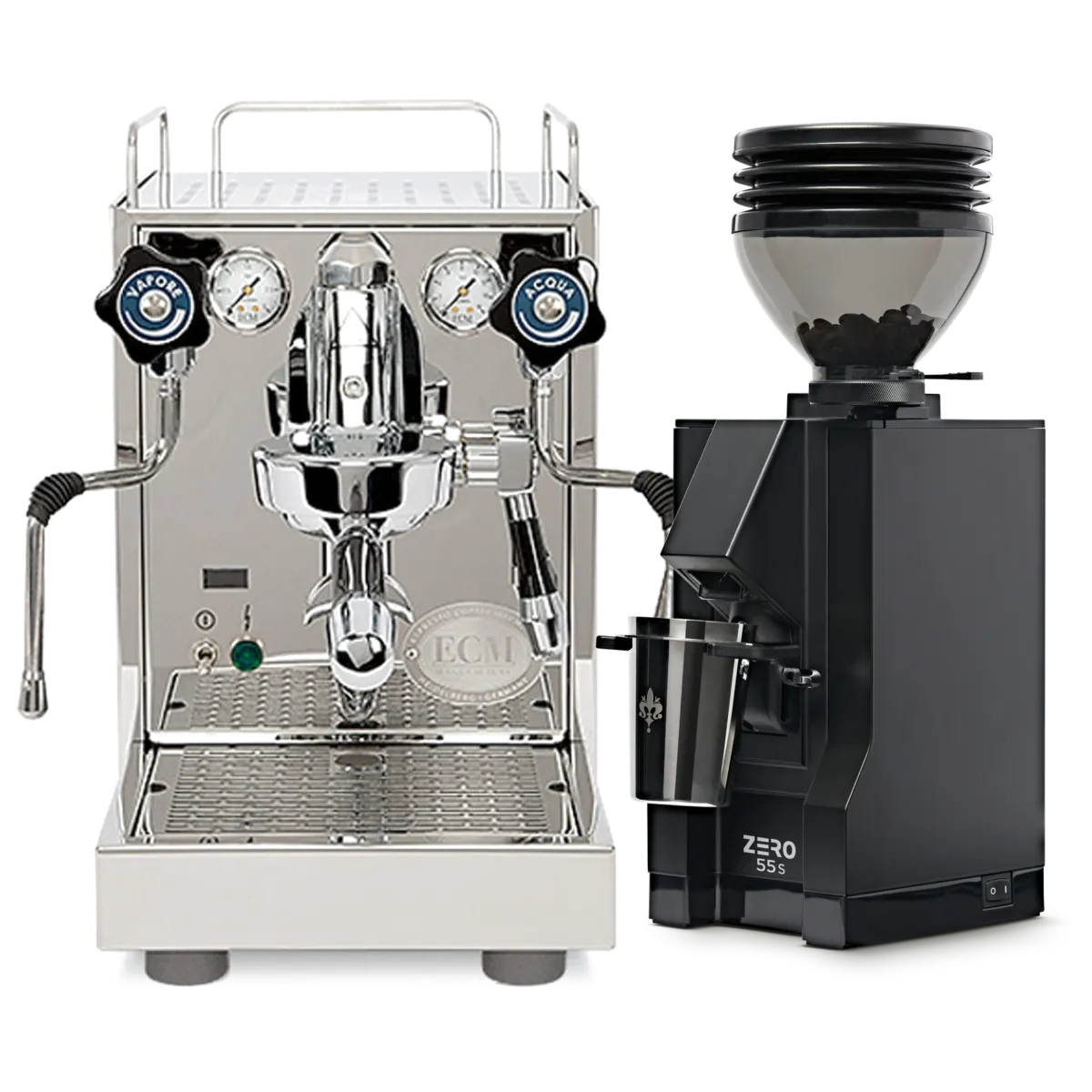 The ECM Mechanika Slim with PID Espresso Machine, featuring a compact stainless steel design with knobs, gauges, and precise temperature control, stands beside the Eureka Mignon Zero 55s Single Dose Coffee Grinder in matte black—both from ECM—set against a white background.