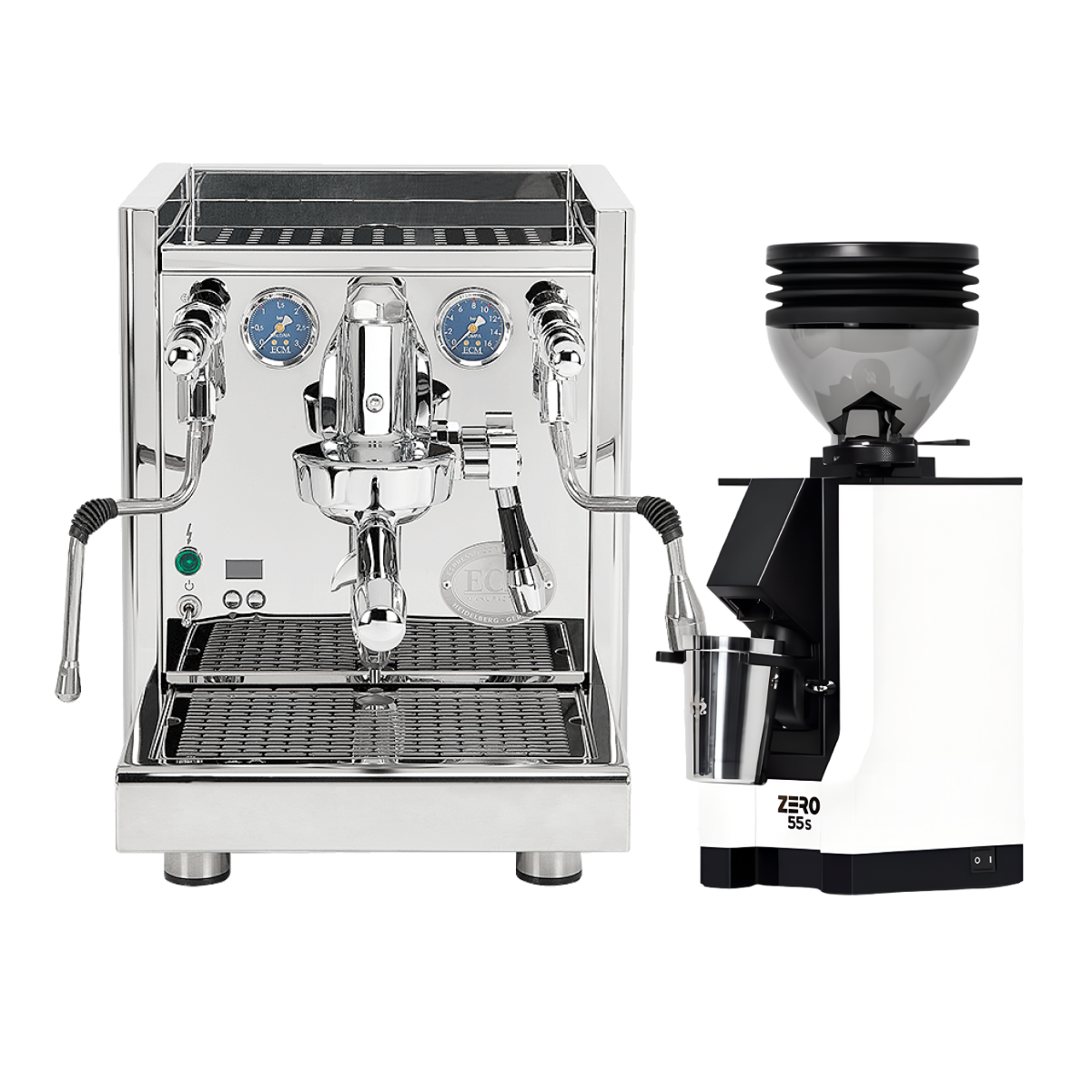 ECM Technika VI Dual Boiler Espresso Machine (Stainless Steel) with Eureka Mignon Zero 55s Single Dose Coffee Grinder (White) Bundle