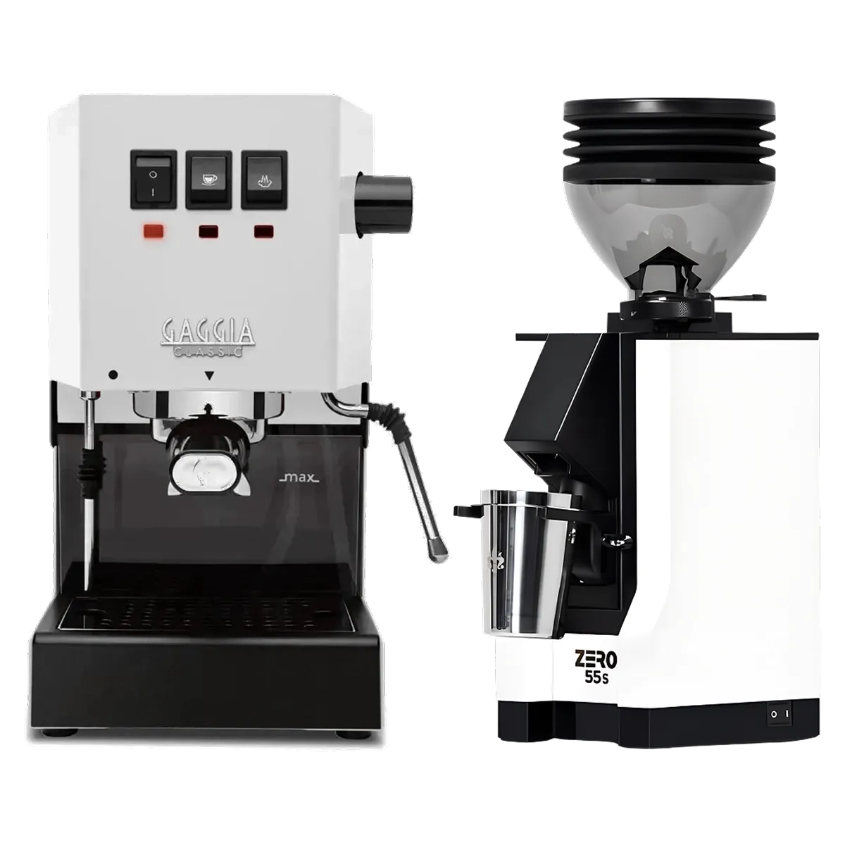 The Gaggia Classic E24 White and Eureka Mignon Zero 55s Single Dose Coffee Grinder (White) bundle by Gaggia, both featuring bold black accents, are displayed side by side against a clean white background.