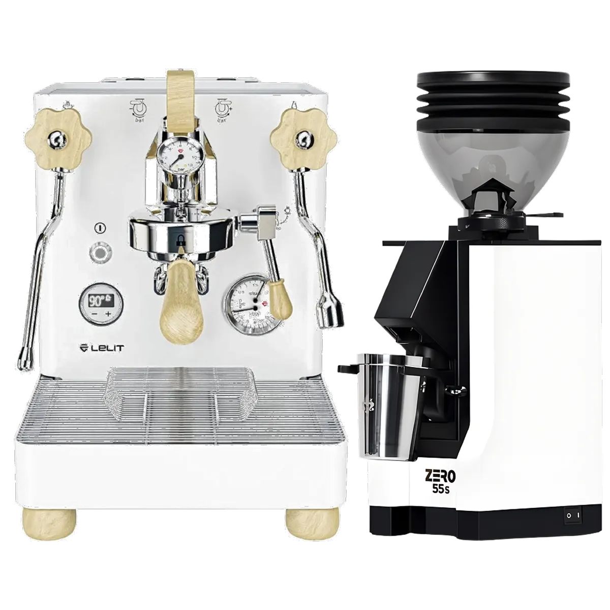 A Lelit Bianca 3 PL162TCW Espresso Machine in white, featuring wooden accents, is paired with a matching Eureka Mignon Zero 55s Single Dose Coffee Grinder (White); both from Lelit are displayed together against a plain light background.