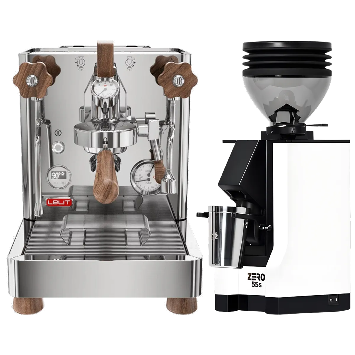 A Lelit Bianca 3 PL162T Espresso Machine with sleek stainless steel construction and refined wooden handles is displayed alongside a white Eureka Mignon Zero 55s Single Dose Coffee Grinder, both from Lelit and featured together as a bundle against a simple background.