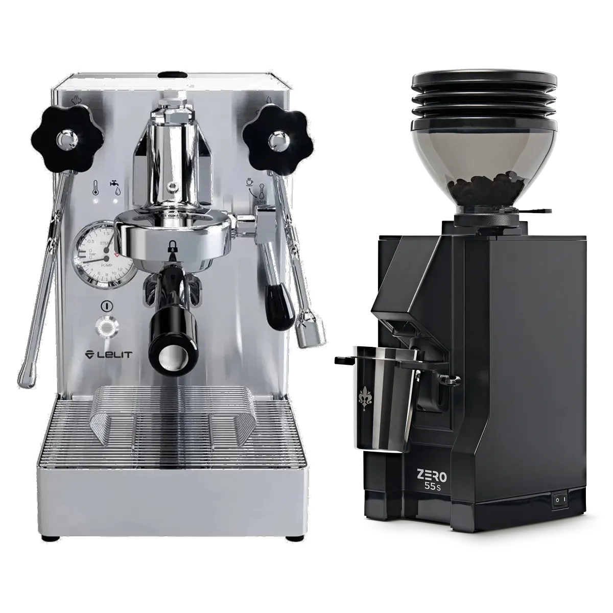 The Lelit Mara X E61 Espresso Machine with PID PL62X in stainless steel is placed next to the Eureka Mignon Zero 55s Single Dose Coffee Grinder in matte black, both presented against a plain white background.