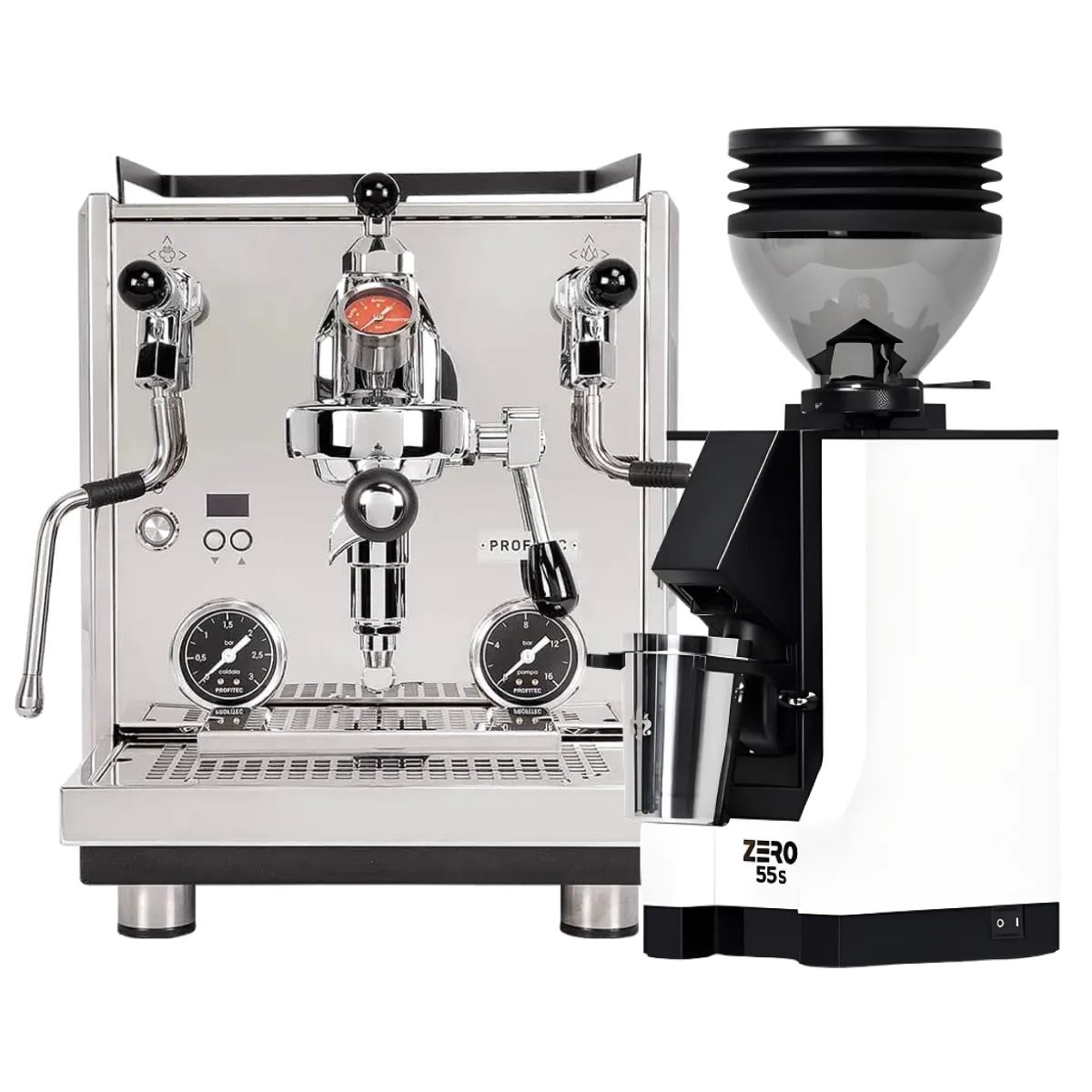 A Profitec Drive Espresso Machine in stainless steel, featuring dials, levers, and PID temperature control, stands beside a white Eureka Mignon Zero 55s Single Dose Coffee Grinder as part of the Profitec Drive Espresso Machine with Eureka Mignon Zero 55s (White) Bundle, all set against a plain background.