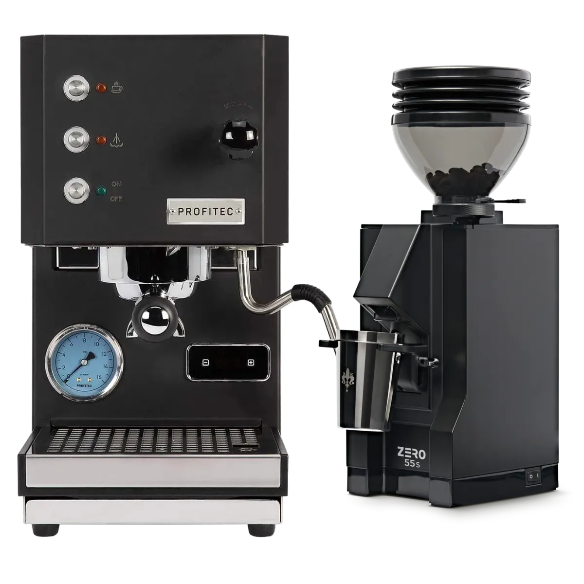 Displayed against a plain background, the Profitec Go (Black) Espresso Machine & Eureka Mignon Zero 55s Single Dose Coffee Grinder (Matte Black) Bundle sits side by side — the Profitec Go espresso machine features a bold blue gauge and buttons, while its single boiler PID technology ensures precise temperature control for consistently perfect espresso shots.