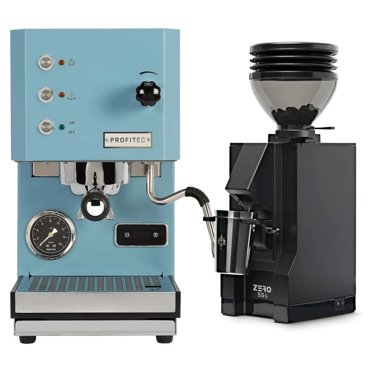 A Profitec Go (Blue) Espresso Machine with dials and buttons stands alongside the sleek matte black Eureka Mignon Zero 55s Single Dose Coffee Grinder, both from Profitec, displayed on a plain white background.