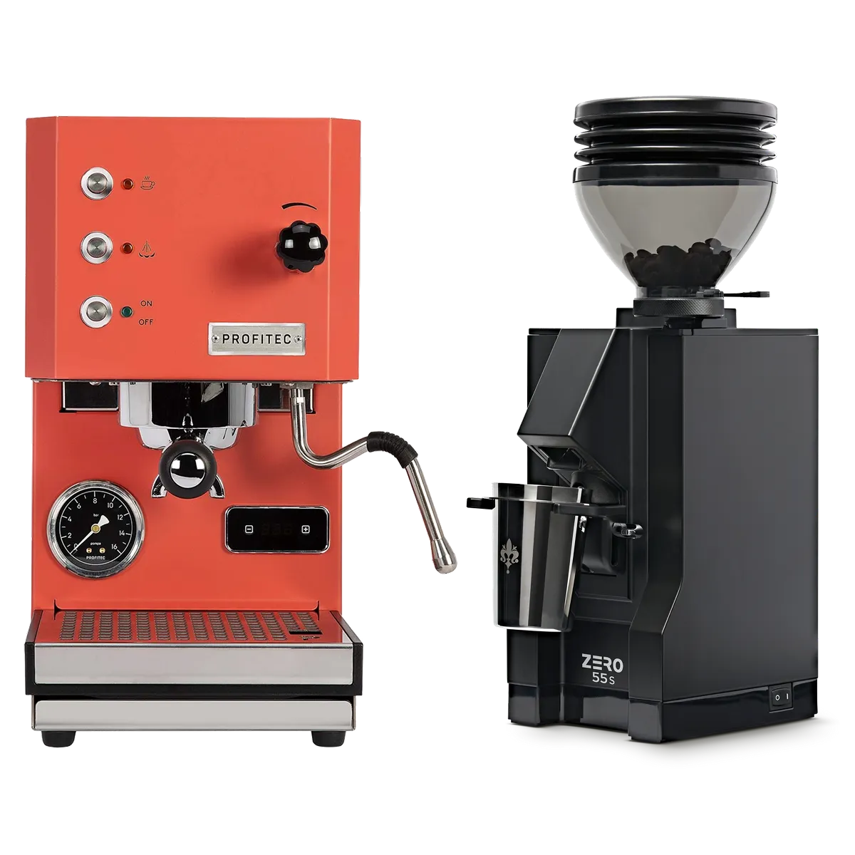 The Profitec Go (Red) Espresso Machine & Eureka Mignon Zero 55s Single Dose Coffee Grinder (Matte Black) Bundle by Profitec is displayed on a white background, with the red espresso machine featuring silver knobs next to the matte black grinder filled with coffee beans.