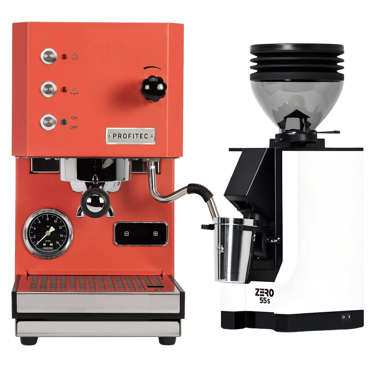 The Profitec Go (Red) Espresso Machine and the Eureka Mignon Zero 55s Single Dose Coffee Grinder (White), offered together as a bundle, are displayed side by side on a plain light background. The Profitec single boiler espresso machine features a PID, steam wand, and gauge, while the Eureka grinder has a black top.