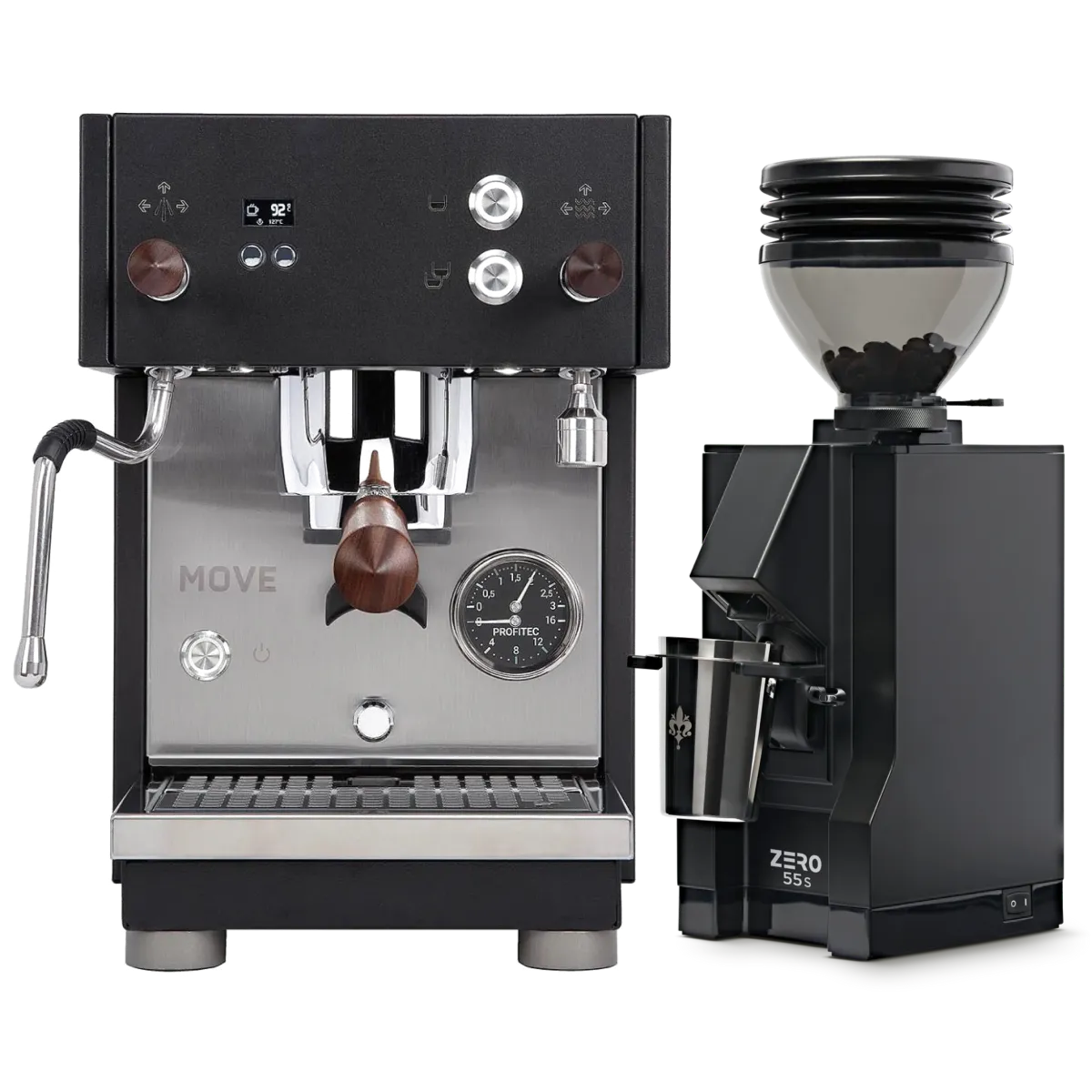 The Profitec Move Dual Boiler Espresso Machine (Black) sits next to the Eureka Mignon Zero 55s Single Dose Coffee Grinder (Matte Black), both featuring digital displays and elegant wooden accents. The espresso machine’s compact stainless steel design and integrated steam wand, paired with the grinder’s clear hopper filled with coffee beans, deliver professional-quality espresso in any setting.