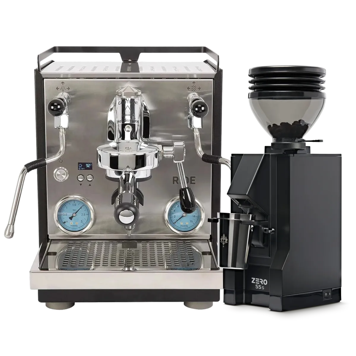 A Profitec Ride Espresso Machine in black and stainless steel is shown alongside a Eureka Mignon Zero 55s Single Dose Coffee Grinder in matte black, with a clear hopper filled with coffee beans.