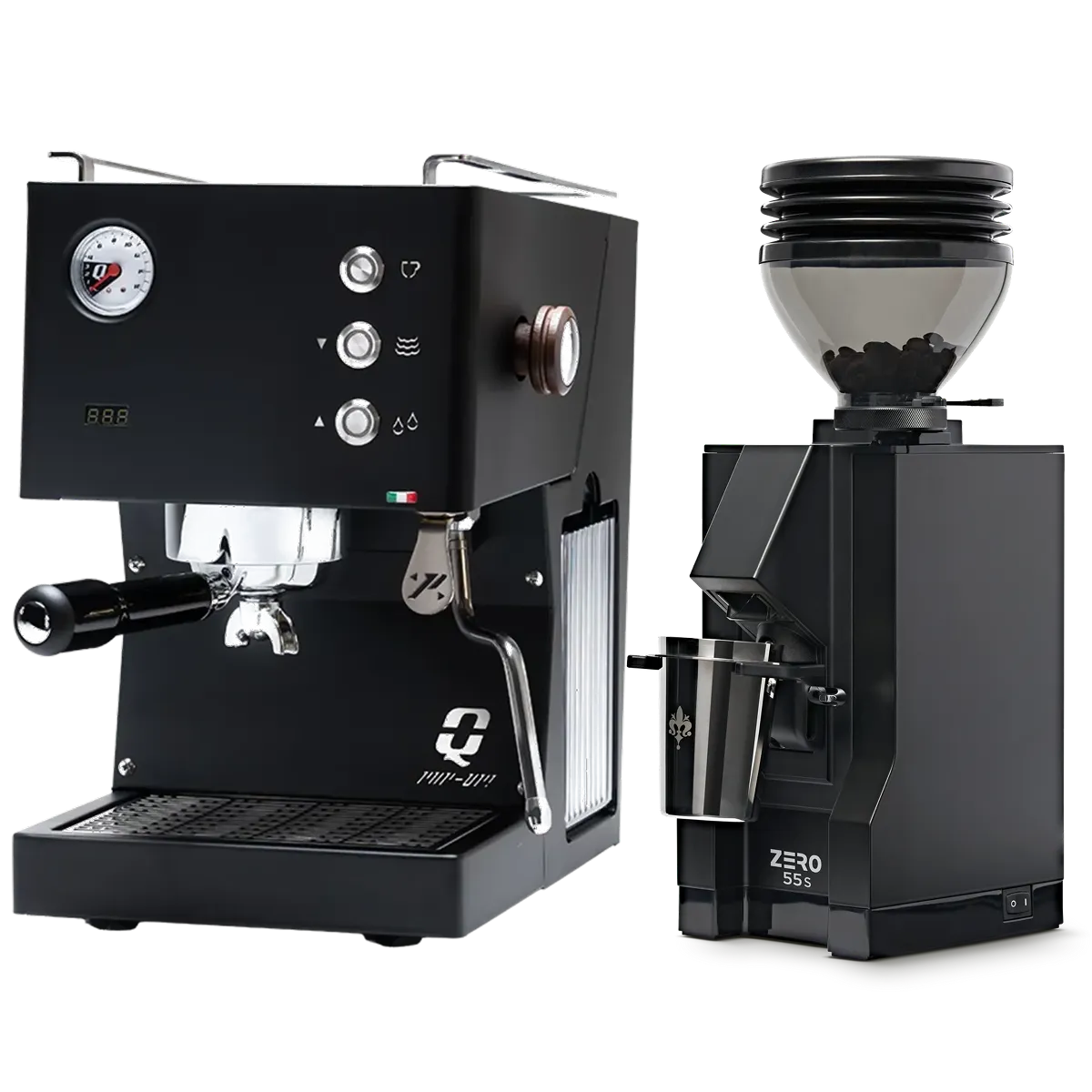 The Quick Mill Pop-up (Black) Espresso Machine, featuring PID temperature control and a pressure gauge, sits beside the matching Eureka Mignon Zero 55s Single Dose Coffee Grinder (Black), both from Quick Mill, displayed on a white background.