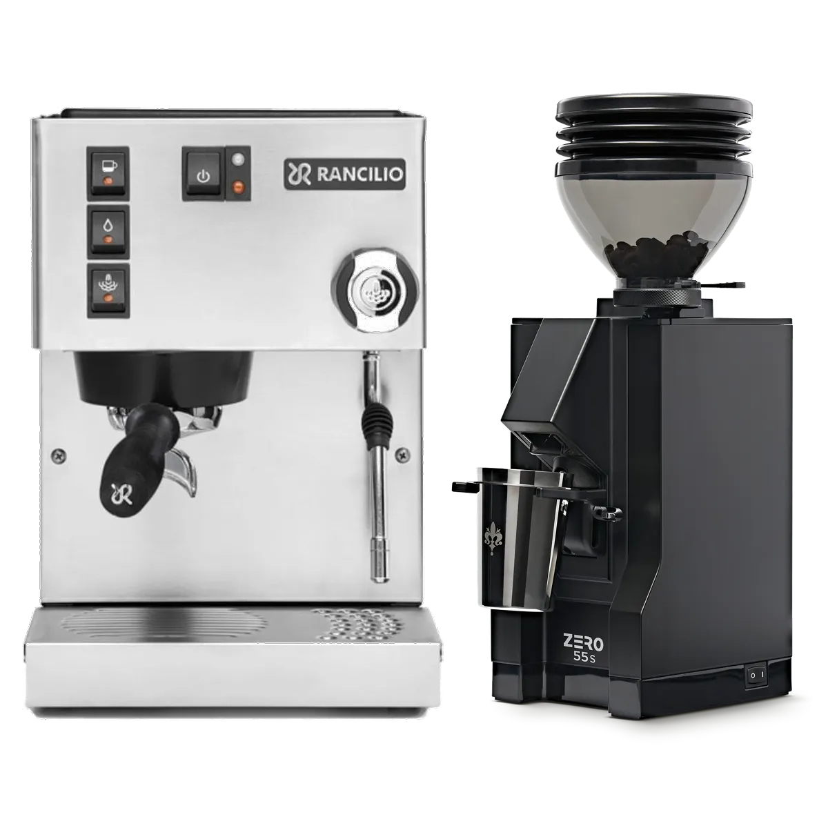 The Rancilio Silvia M V6 Espresso Machine in silver stainless steel, paired with the Eureka Mignon Zero 55s Single Dose Coffee Grinder in matte black, sits against a white background. This stylish bundle by Rancilio promises consistent espresso extraction for your perfect cup.