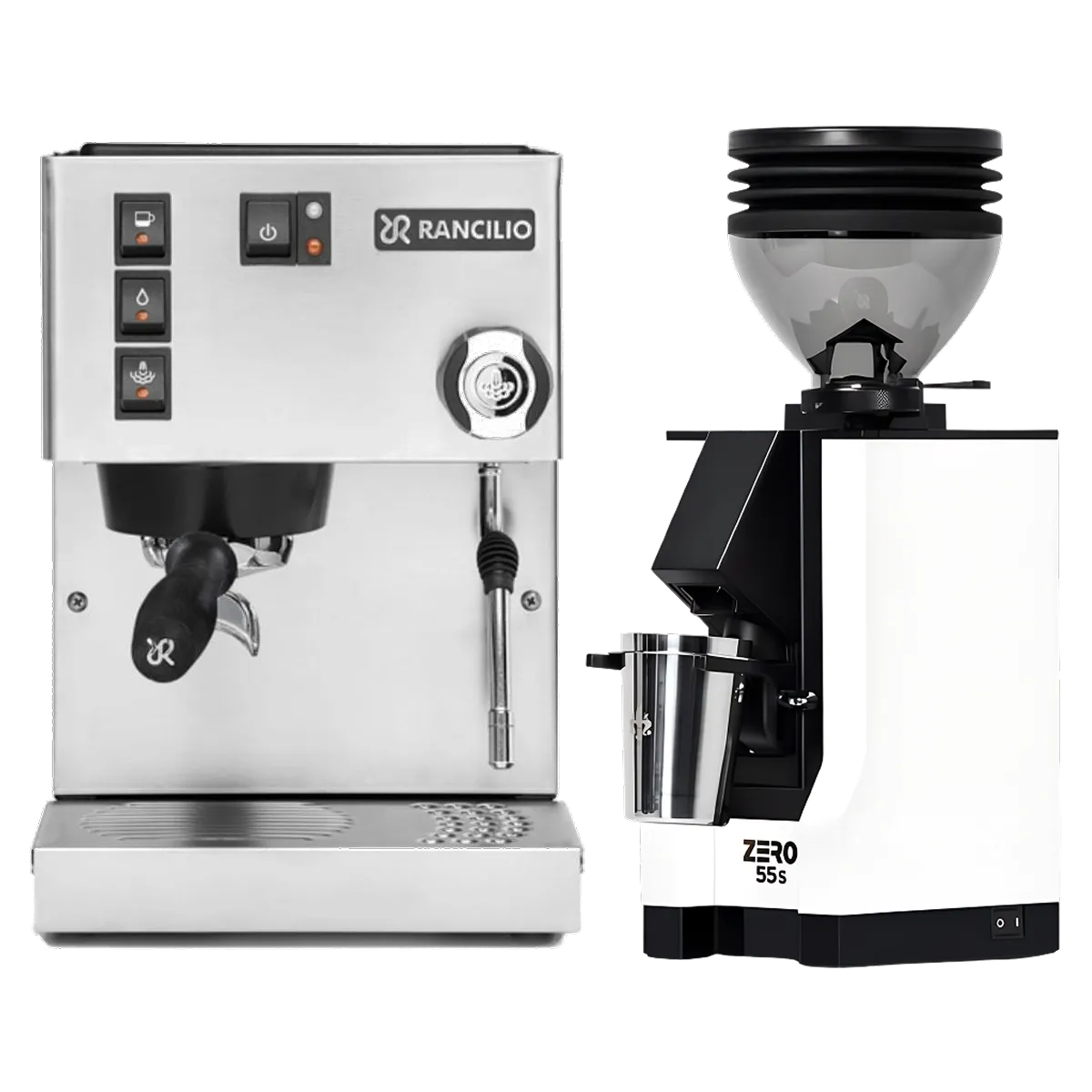 A Rancilio Silvia M V6 Espresso Machine in silver stainless steel is placed next to a white Eureka Mignon Zero 55s Single Dose Coffee Grinder with a clear hopper, both from the brand Rancilio, set against a white background.