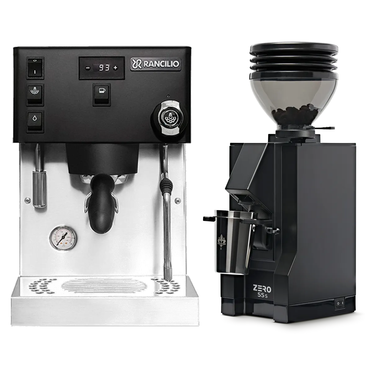 A Rancilio Silvia Pro X Espresso Machine (Black) and a Eureka Mignon Zero 55s Single Dose Coffee Grinder (Matte Black) from Rancilio are displayed side by side on a white background.