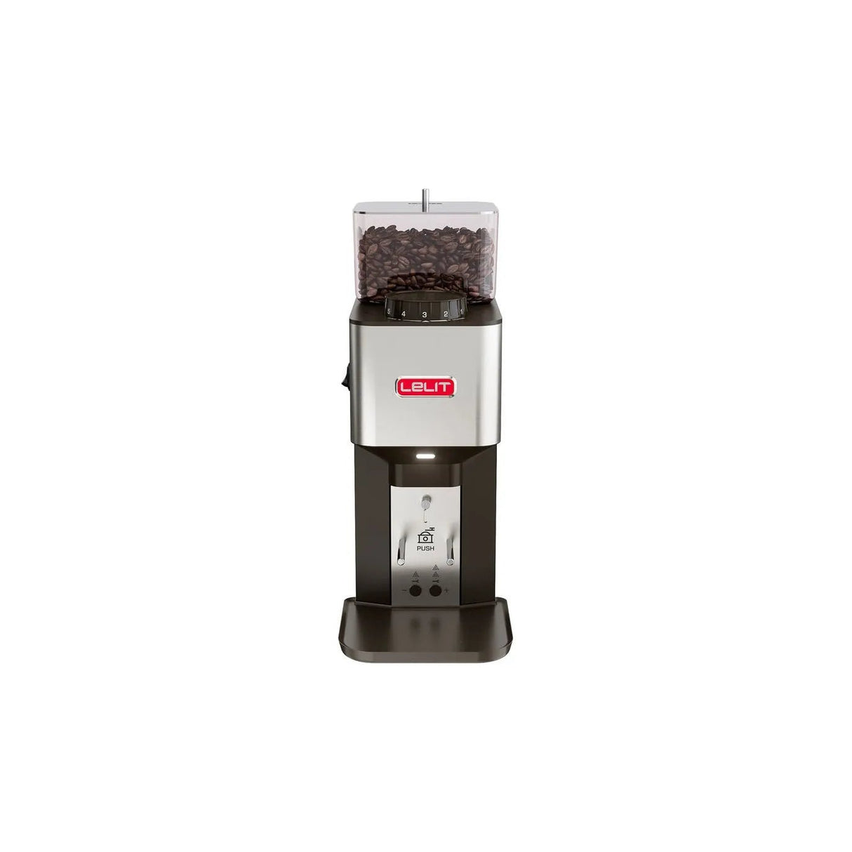 The Lelit William Coffee Grinder PL71 by Lelit features a silver and black design with flat burrs and a transparent coffee bean hopper, shown from the front against a plain white background.