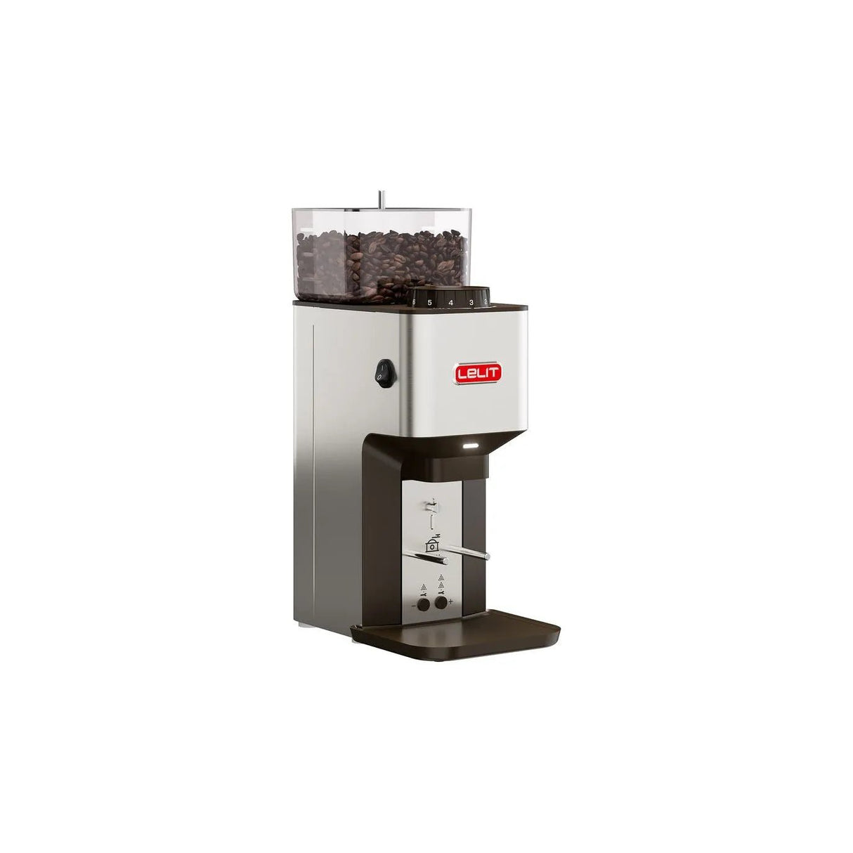 The Lelit William Coffee Grinder PL71 is a stainless steel grinder with flat burrs, a clear bean hopper, red Lelit logo, and a platform for placing containers under the grind chute.
